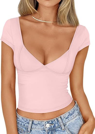 Trendy Queen Womens Sexy Deep V-Neck Backless Tops Short Sleeve Slim Fit T-Shirts Basic Y2K Tops ... | Amazon (US)