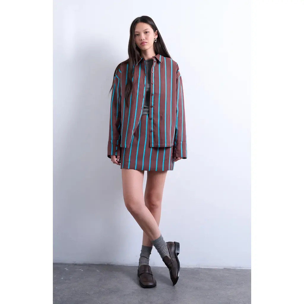 Topshop Oversize Stripe Quilted Button-Up Shirt in Brown Multi at Nordstrom, Size 4 Us | Nordstrom
