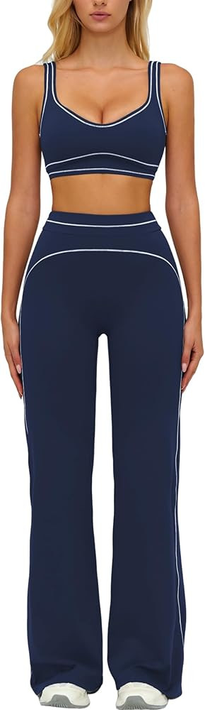 Womens Workout Set Two Piece U Back Color Block Sports Bra Matching High Waist Leggings Gym Work ... | Amazon (US)