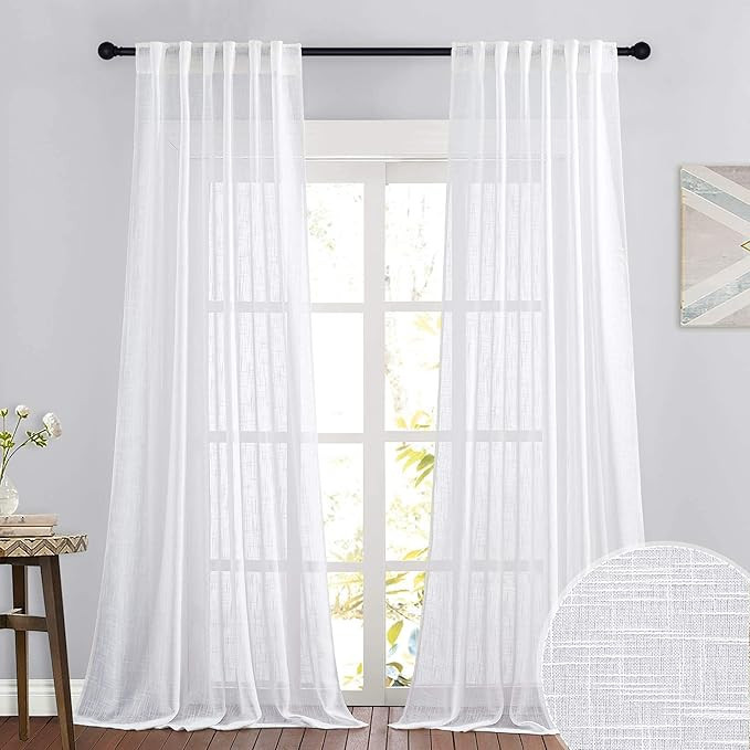 RYB HOME Linen Sheer Curtains for Living Room Textured Semi Sheer Curtains Large Window Treatment... | Amazon (US)