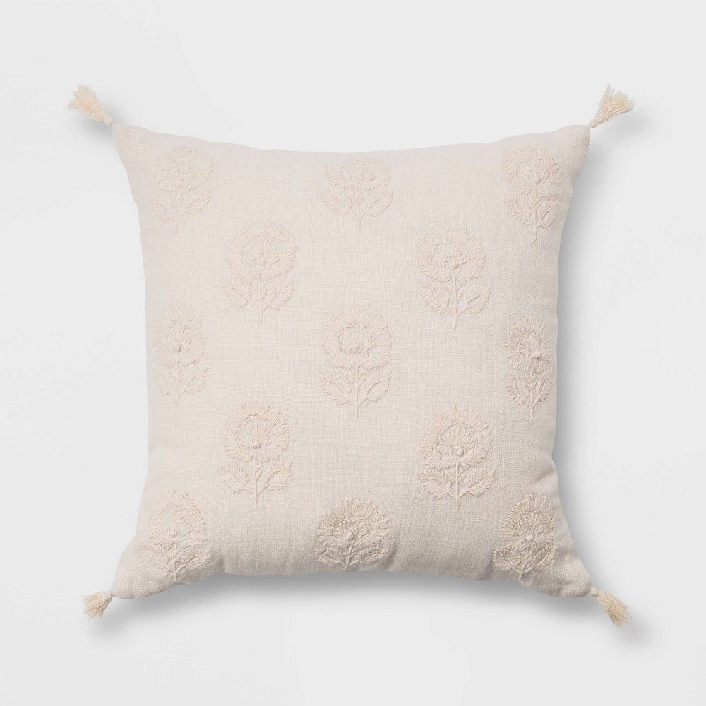 Embroidered Floral Square Throw Pillow with Tassels Cream - Threshold | Target