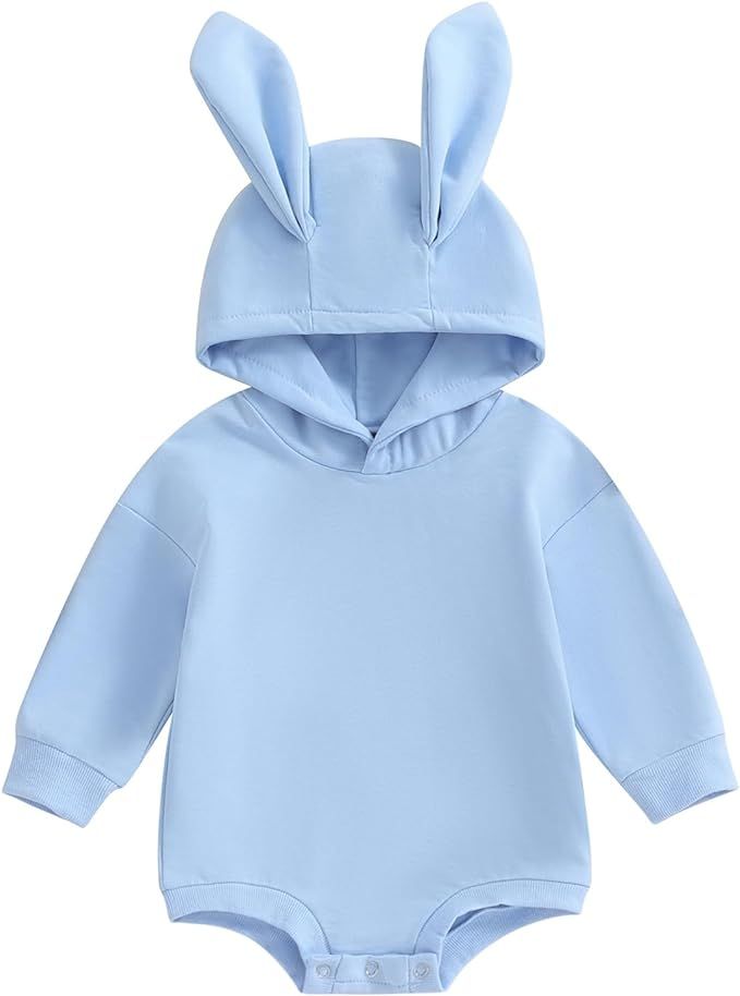 Lesimsam Newborn Baby Boy Girl Easter Outfit Rabbit Ear Hooded Sweatshirt Romper Oversized Bubble... | Amazon (US)