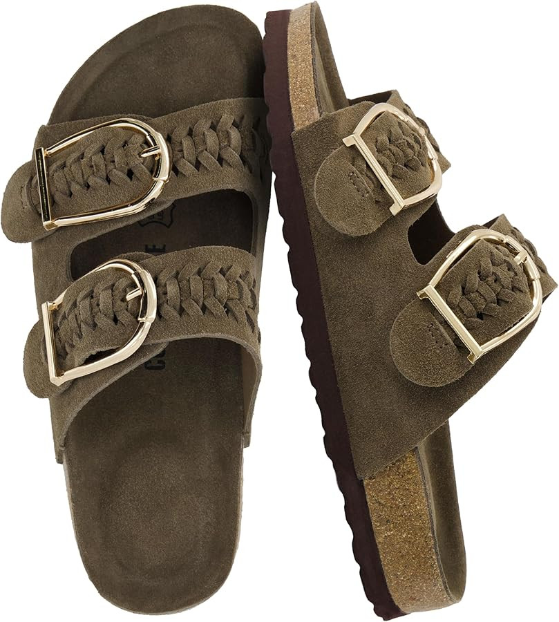 CUSHIONAIRE Cashew Slip On Womens Sandals, Genuine Suede Leather Braided Double Strap Slide On Sa... | Amazon (US)
