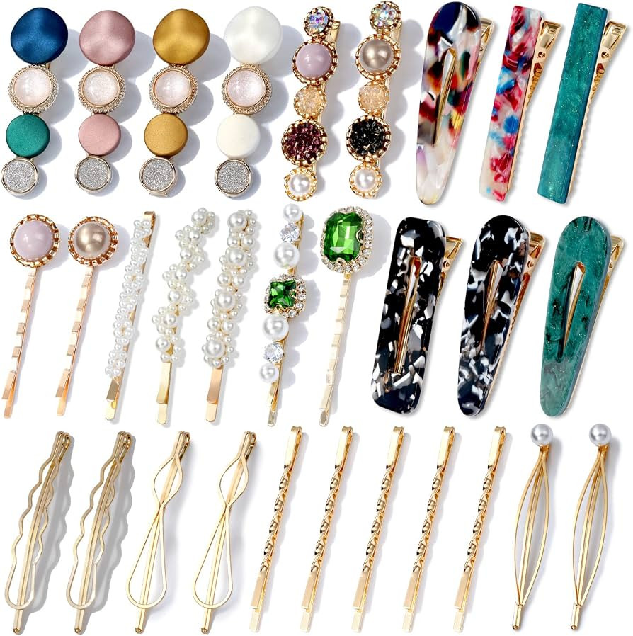 30 Pcs Acrylic Resin Barrettes, Cridoz Barrettes and Pearl Hair Clips for Women, Banges Hair Acce... | Amazon (US)