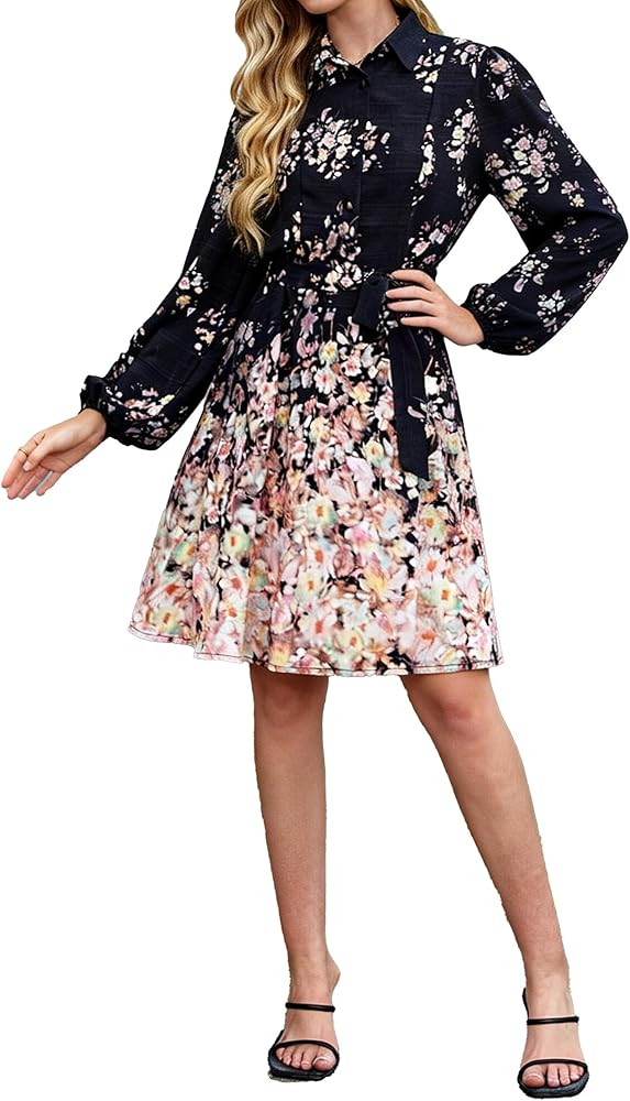 Women Long Sleeve Spring Button Down A-Line Floral Print Summer Cocktail Shirt Dresses with Belt | Amazon (US)