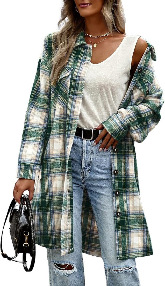 Women's Plaid Shirt Shacket Jacket 2025 Casual Button Down Long Sleeve Tartan Long Lapel Woolen C... | Amazon (US)