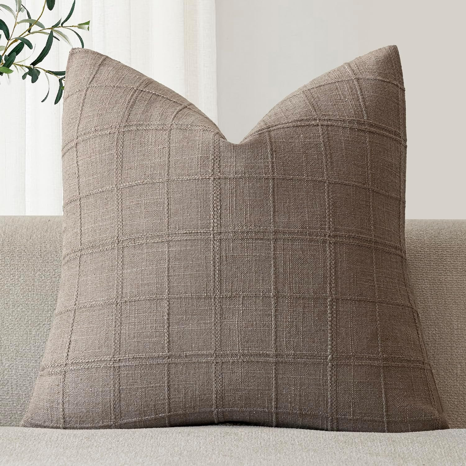 Foindtower Set of 1 Decorative Linen Check Throw Pillow Cover Neutral Farmhouse Vintage Cushion Cover Modern Boho Home Decor for Sofa Chair Couch Bedroom Living Room,26×26 Inch,Tan Taupe | Amazon (US)