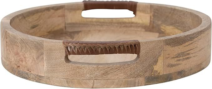 Creative Co-Op Mango Wood Tray with Leather Wrapped Handles, Natural Serveware, 16" L x 16" W x 3... | Amazon (US)