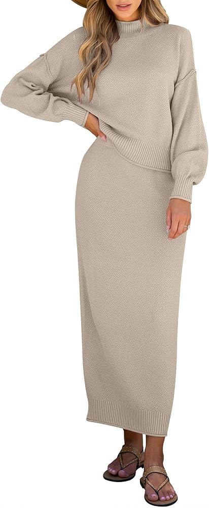 Caracilia 2 Piece Skirt Set for Women Sweater Dress Long Sleeve Oversized Tops Matching Maxi Skir... | Amazon (US)
