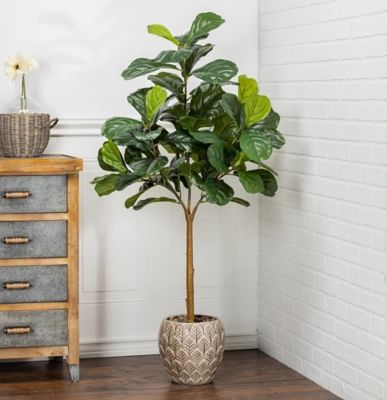 4-Foot Tall Real Touch Ultra-realistic Fiddle Leaf Fig Plant In Plastic Pot With Faux Dirt, Green | Ashley Homestore