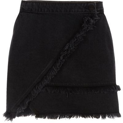 Black frayed trim denim mini skirt | River Island (US)