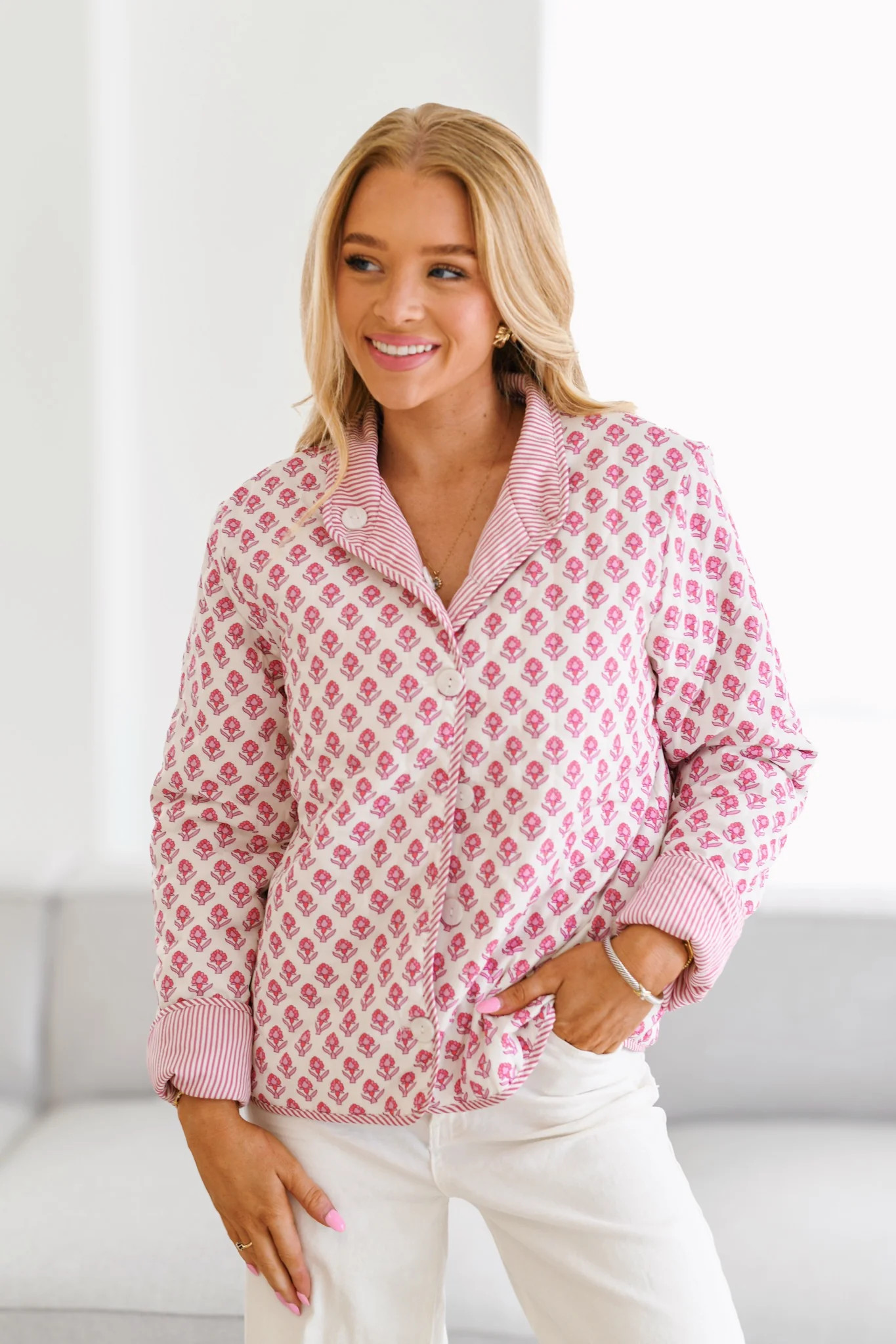 Lola Printed Quilted Jacket-Baby Pink Large | Fancyd Boutiqe