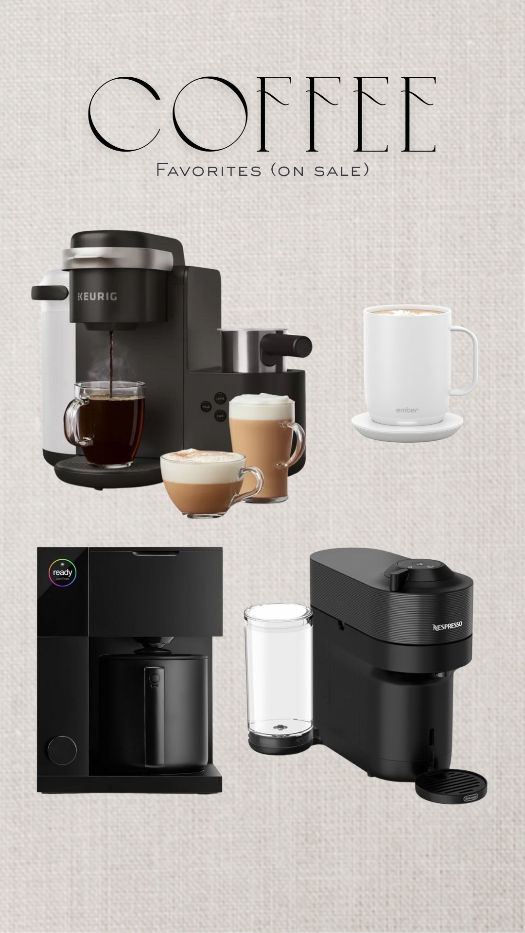 We love coffee in our household, so we have quite a few coffeemakers and accessories. Sharing a few here, three of which are on sale! 

This Keurig not only does coffee but also does lattes and cappuccinos! The milk frother works with both hot and cold milk! 

The Ember mug is a game changer. This charges on the coaster and keeps your coffee/tea/hot chocolate/whatever to the temperature you choose! It’s app controlled and amazing! 

This Nespresso is perfect for a small space (like your desk at work)! The water tank swivels and is removable and you can do coffee or espresso! 

Lastly, a pricey one, but a favorite! This Fellow coffee maker is so sleek and beautiful! We have loved having this in our kitchen!

#LTKSaleAlert #LTKHome