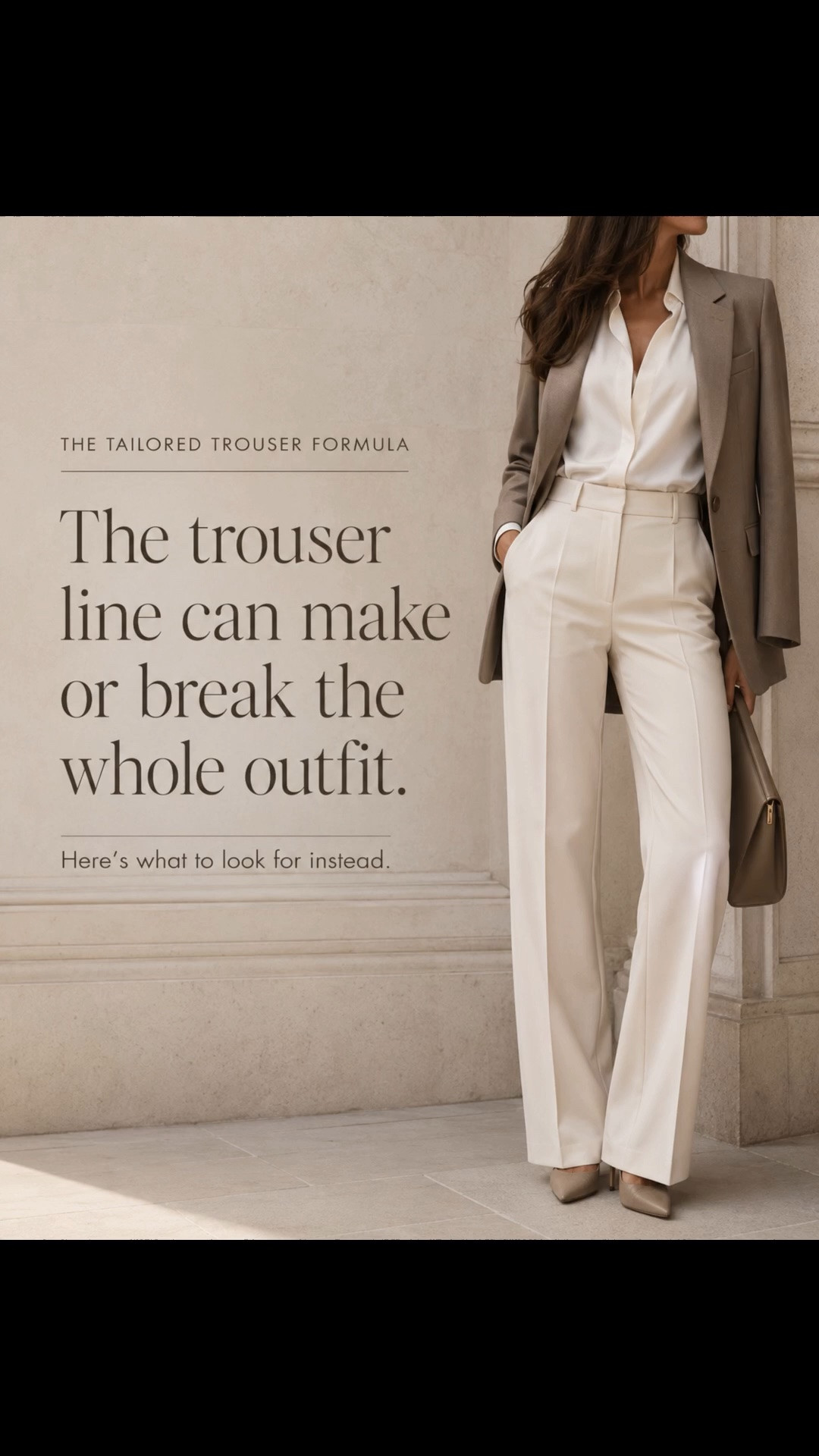 The tailored trouser formula.

After the trouser mistakes, here is what actually makes a pair work.

The fit should skim the body without pulling or sagging.
The hem should meet the shoe cleanly.
The fabric should hold structure.
The color should repeat with blazers, clean tops, and polished shoes.

That is how trousers stop looking like a basic piece and start holding the whole outfit together.

Because a polished work outfit does not start with more clothes.

It starts with better lines.

Save this before your next trouser refresh.

Shop the tailored trouser edit on LTK.

Comment TROUSERS if you want the link.

#LTKWorkwear