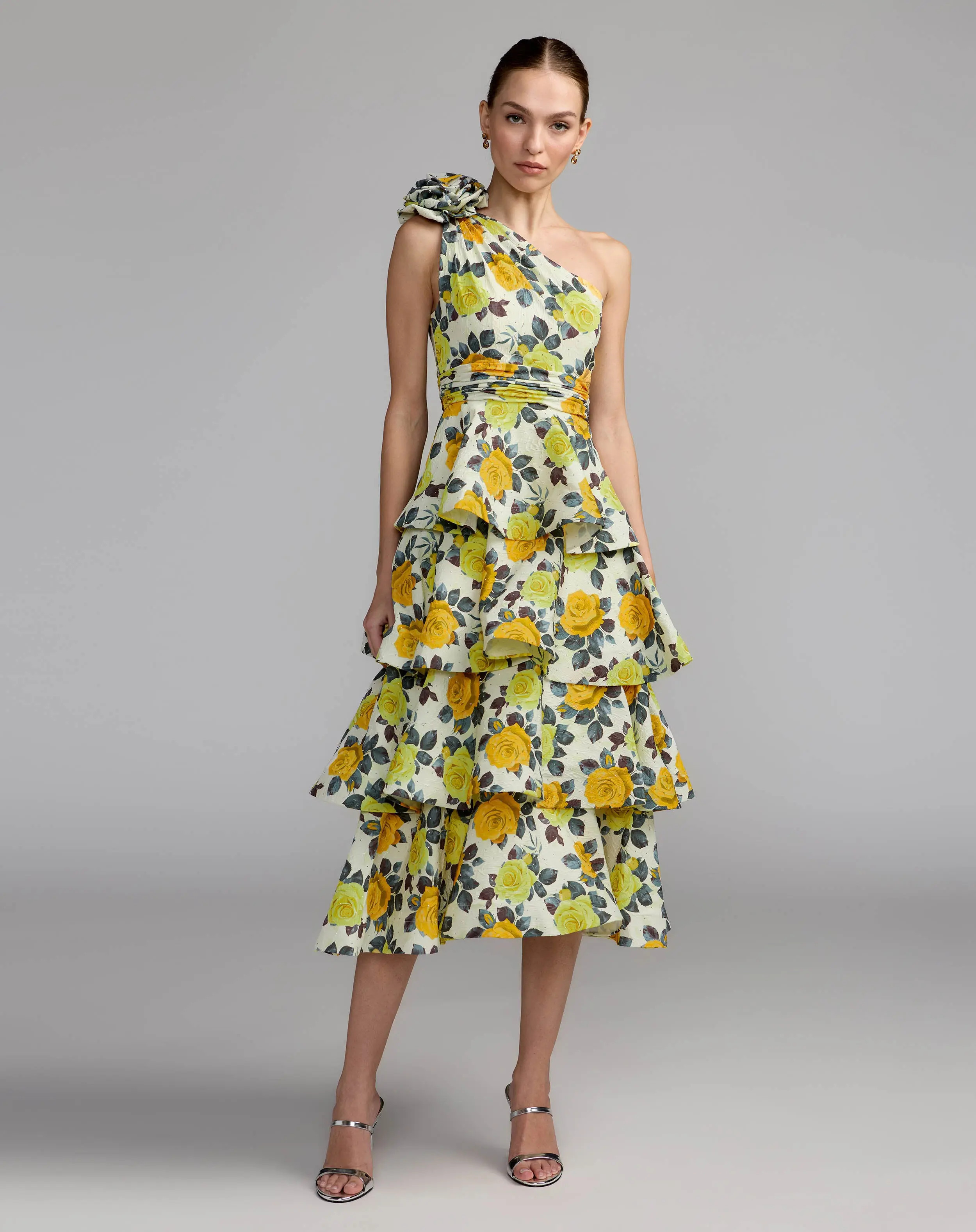 Yellow One Shoulder Floral Tiered Midi Dress | Mac Duggal | Mac Duggal