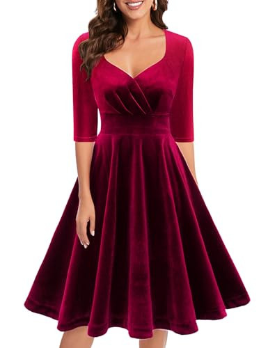 Bbonlinedress Weihnachtskleider Damen 3/4 arm V-Ausschnitt kleider Knielang festliche Samt kleider elegant Winterkleid Cocktailkleid Dark Red XL | Amazon (DE)