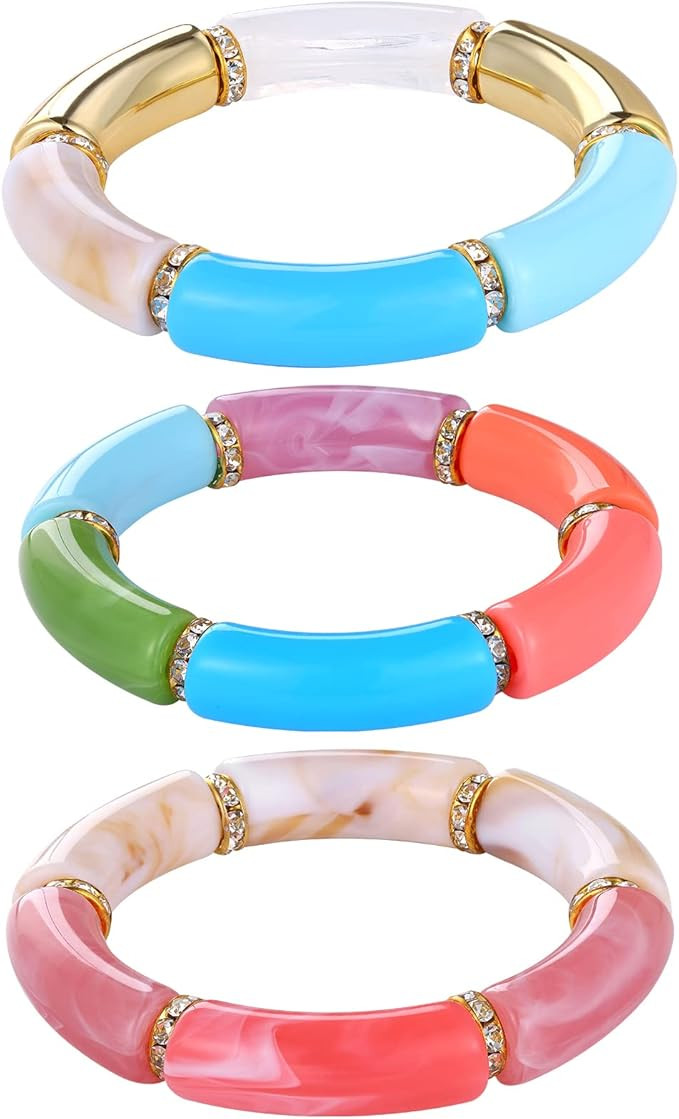 Bamboo Tube Bracelet Chunky Bangle Gold Stacking Bangles Acrylic Clear Stretchable Colorful Beads... | Amazon (US)