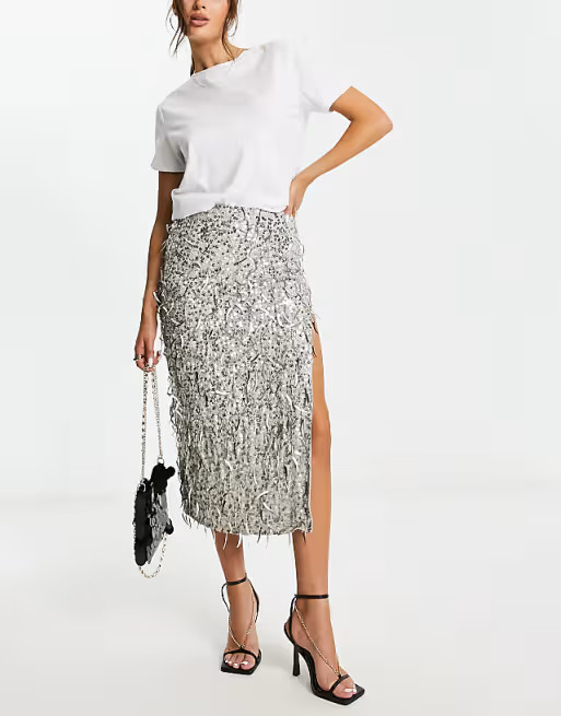 ASOS DESIGN embellished sequin midi skirt in silver | ASOS (Global)