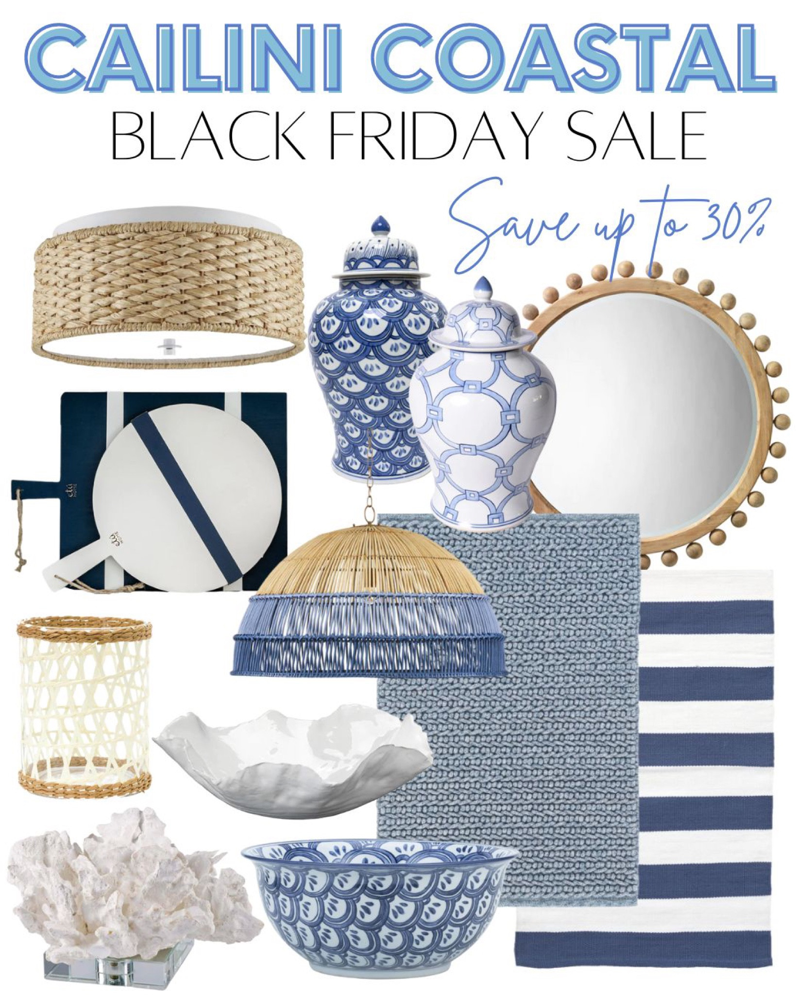 Cailini Coastal, Black Friday Sale, coastal home decor, coastal furniture, striped rug, round mirror, foyer mirror, flushmount light, pendant light, ginger jar, temple jar, serving board, cheese board, blue and white, navy and white

#LTKsalealert #LTKHoliday #LTKCyberweek