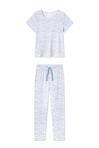 DreamModal Ribbon Short-Long Set in Dusty Blue Watercolor Stripe | Lake Pajamas