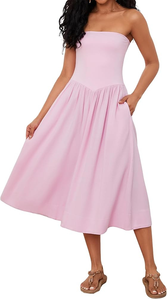 Women Off Shoulder Midi Dress Strapless Sleeveless Drop-Waist A Line Tube Dress Trendy Summer Swi... | Amazon (US)