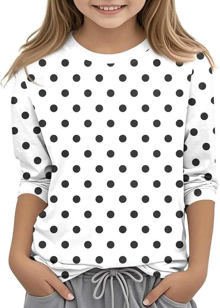 Girls' Three-Quarter Sleeve T-Shirt Crewneck Tops Cute Shirts Loose Fit Blouses Spring Clothes 3-... | Amazon (US)