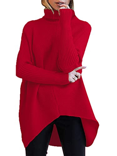 ANRABESS Women's Red Long Sleeve Turtle Neck Pullover Oversized Knit Sweater | Amazon (US)