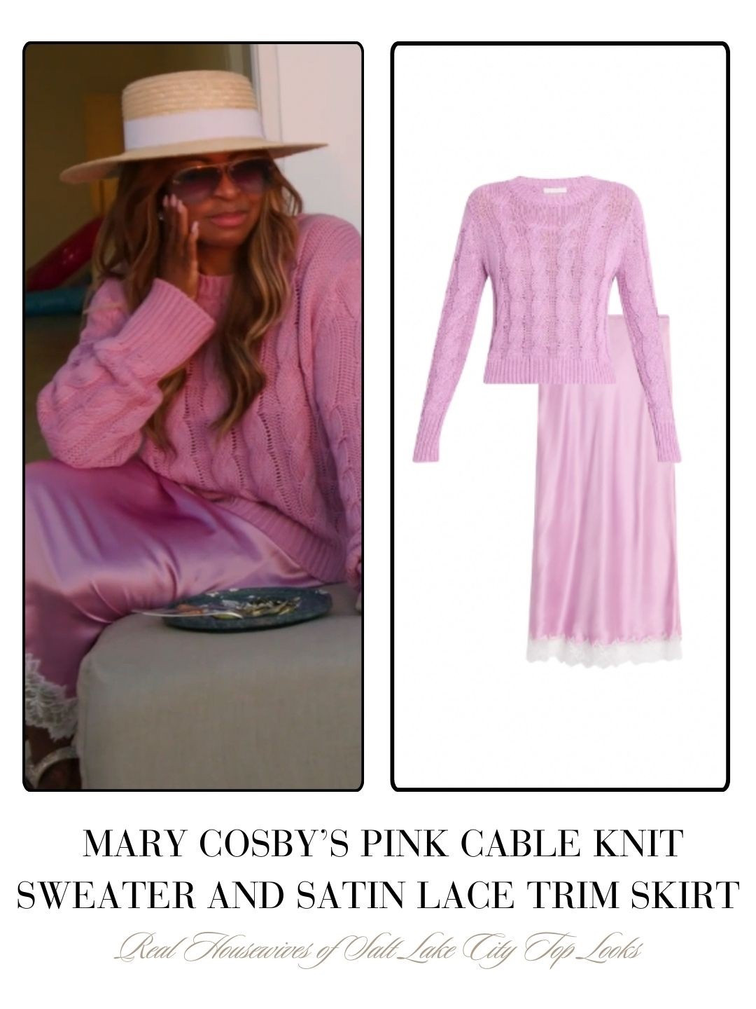 Mary Cosby’s Pink Cable Knit Sweater and Satin Lace Trim Skirt 