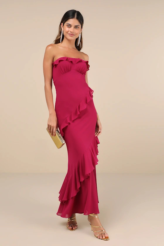 Dramatic Allure Magenta Ruffled Cutout Strapless Maxi Dress | Lulus