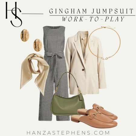 Styling this piece with a nude blazer makes it office or interview ready, but also casual enough you can go about your “after” activities once off the clock. This would also be such a cute look for a date night or cocktail hour. 
A gingham jumpsuit for work to playy

#LTKworkwear #LTKstyletip