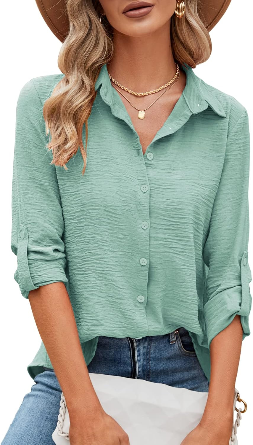 Odosalii Womens Casual V Neck Roll Up Sleeve Loose Plain Chiffon Button Down Business Tops Tunic ... | Amazon (US)