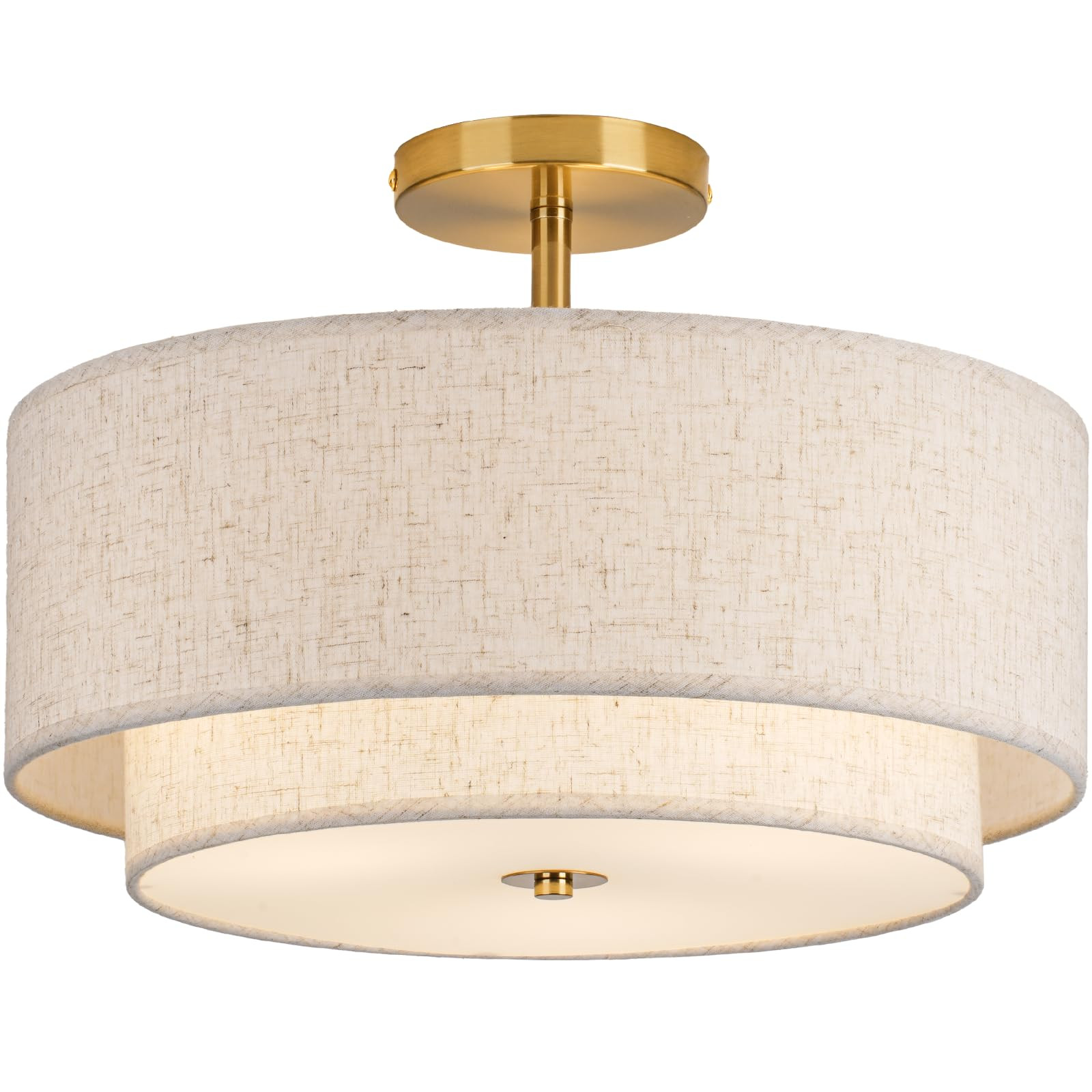 16" Double Drum Gold 3-Light Semi Flush Mount Ceiling Light, Classic Fabric Linen Shade Design fo... | Amazon (US)