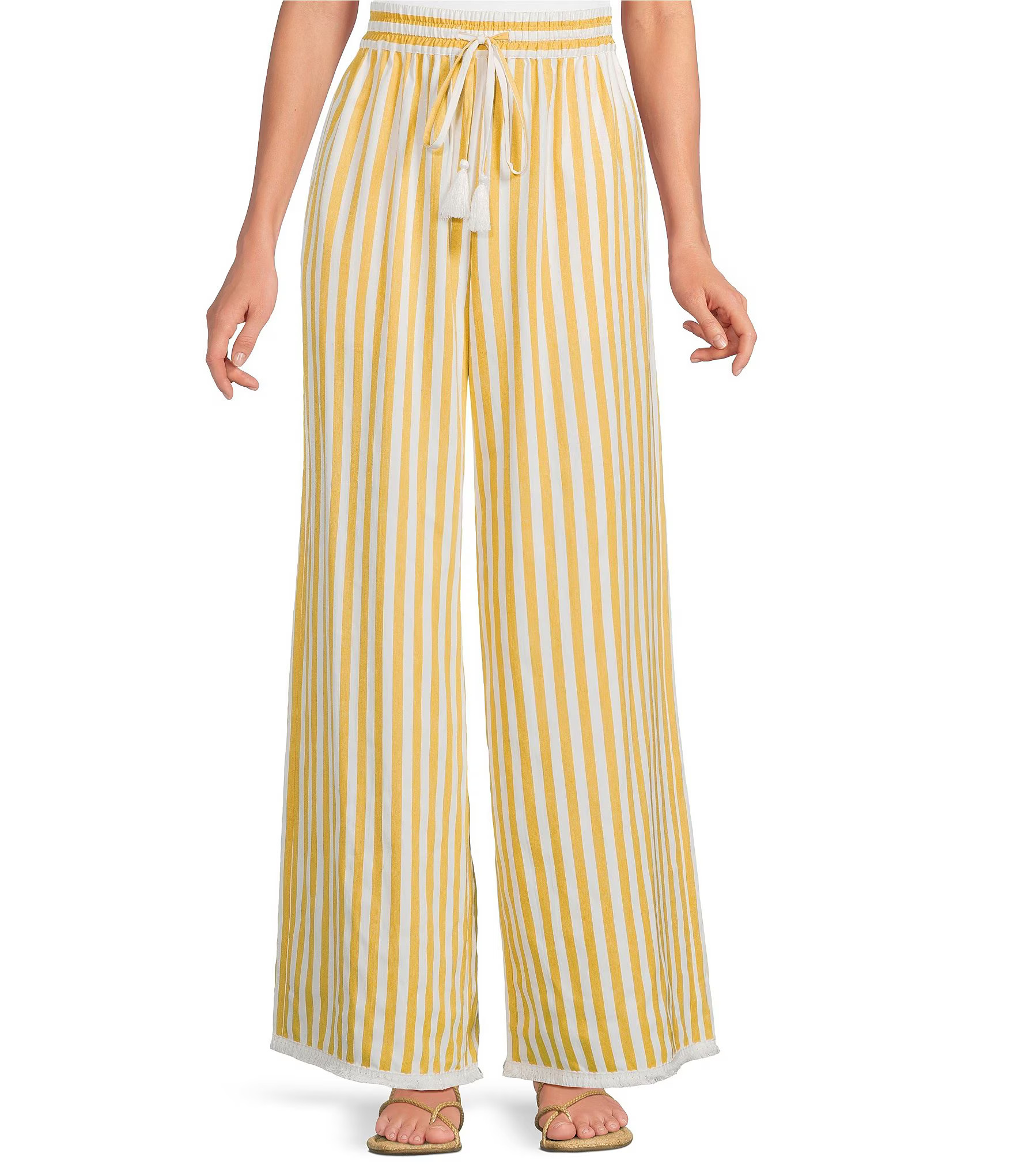 Woven Stripe High Rise Tassel Tie Wide Leg Fringe Hem Coordinating Pants | Dillard's