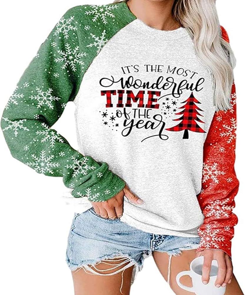 TAOHONG Merry Christmas Sweatshirt Women Xmas Buffalo Plaid Tree Color Block Christmas Snowflake Pri | Amazon (US)