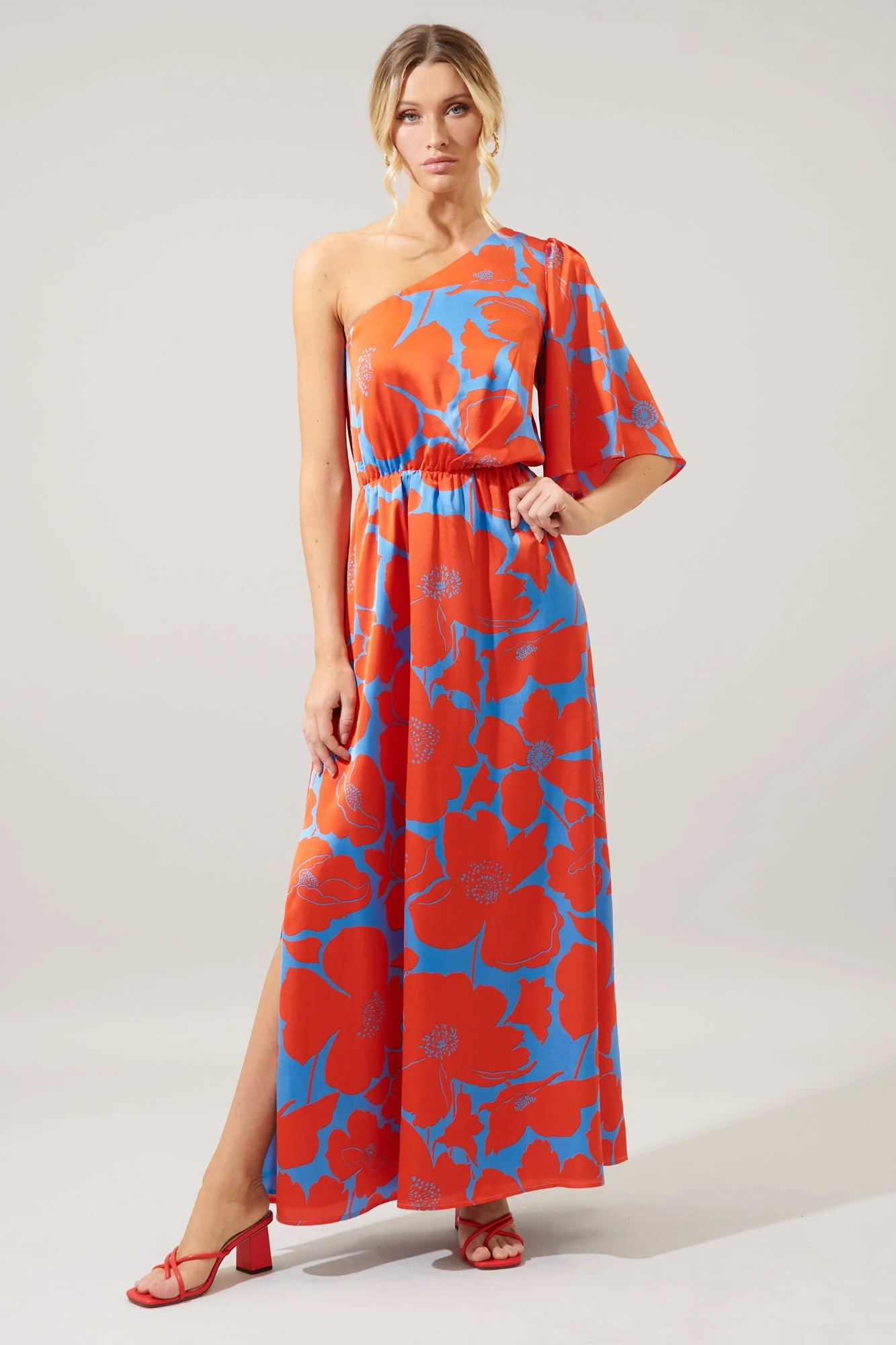 Poppy Floral Meara One Shoulder Satin Maxi Dress | Sugarlips