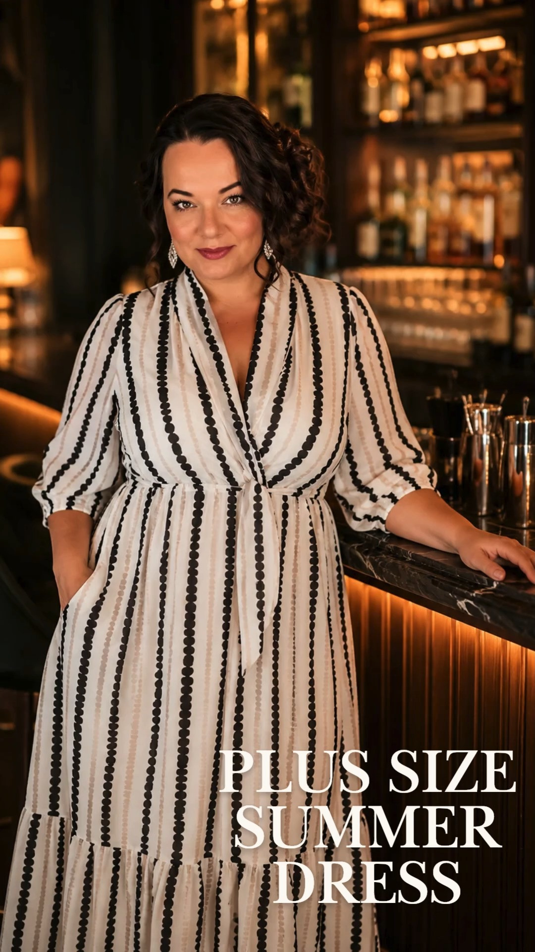 Classic black and white stripes never miss and this plus size maxi dress is proof. The deep V neckline, relaxed flowy silhouette, tiered skirt, and that beautiful trim detail along the stripes make it feel polished and effortless at the same time. It works just as well at a nice dinner out as it does at a summer brunch, and that backdrop says it all. If you have been looking for a dress that goes everywhere and flatters every curve, this is the one.  

 #LTKOver40 #LTKPlusSize
