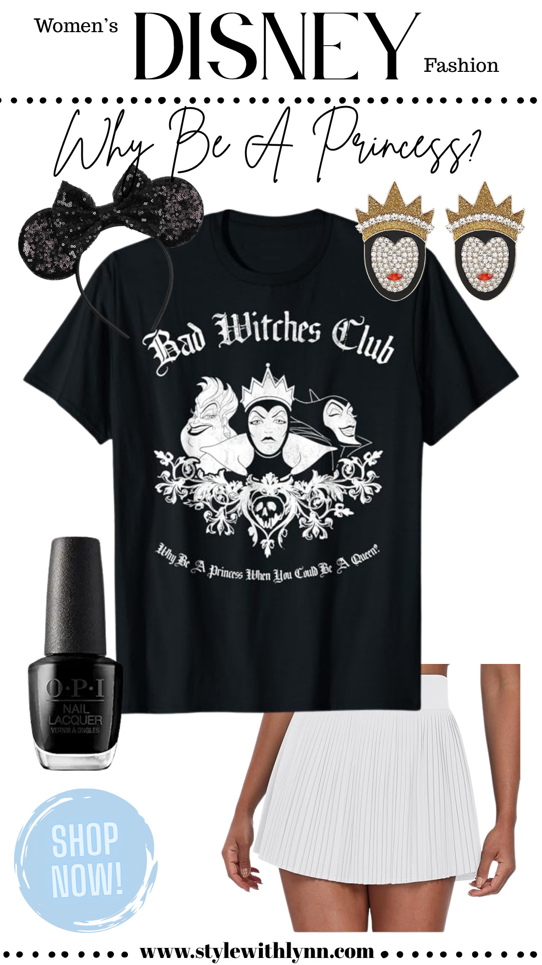 🖤 Why be a princess when you could be a queen? This “Bad Witches Club” outfit is giving major villain vibes — perfect for Disneybounding or adding a wicked twist to your next park trip. Featuring a bold graphic tee with your favorite villains, a pleated white tennis skirt, sparkly Evil Queen earrings, black sequin Minnie ears, and a classic black manicure for that powerful finishing touch.

🛍️ Shop this fierce Disney villain look now and follow me on LTK for more magical Disney style inspo! ✨ 

#DisneyVillainStyle #DisneyBound #BadWitchesClub #DisneyFashion #LTKDisney #ShopMyStyle 

 

#LTKTravel