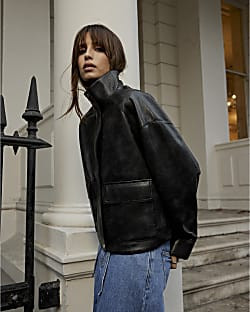 Black Funnel Neck Faux Leather Bomber Jacket | River Island UK & IE
