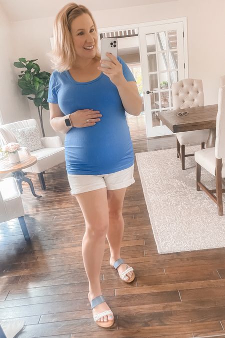 Pretty blue maternity top! Runs small, and I would size up. Wearing size XL  

#LTKmidsize #LTKbump #LTKbaby