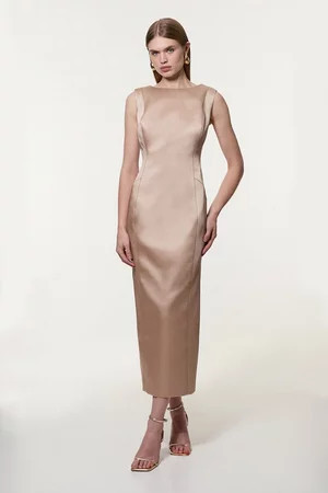 Structured Viscose Satin Stitch Detail Tailored Pencil Maxi Dress | Karen Millen US