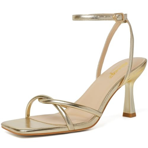 RIBONGZ Gold Heels for Women Strappy Kitten Heels Square Open Toe High Heeled Lace Up Sandals with Ankle Strap Elegant Summer Wedding Party Prom Work Daily Wear Dress Shoes 7.5 | Amazon (US)