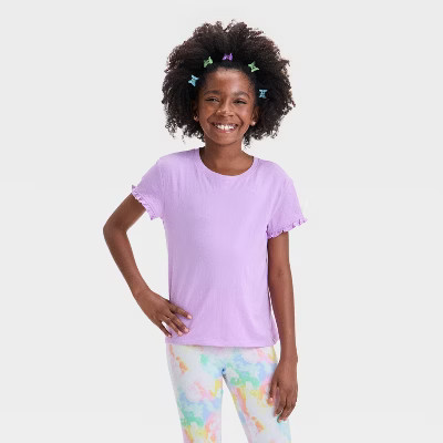 Girls' Short Sleeve Textured Knit T-Shirt - Cat & Jack™ Lilac S: Crew Neck, Ruffle Sleeve, Jersey Fabric | Target