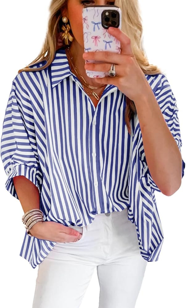 Women 2025 Summer Stripe Dolman Sleeve V Neck Oversize Shirt Tops Casual Button Up Short Sleeve S... | Amazon (US)