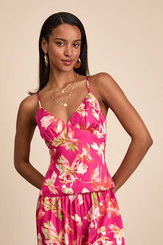 Zelimah Fuchsia Floral Satin Cami Top | Lulus