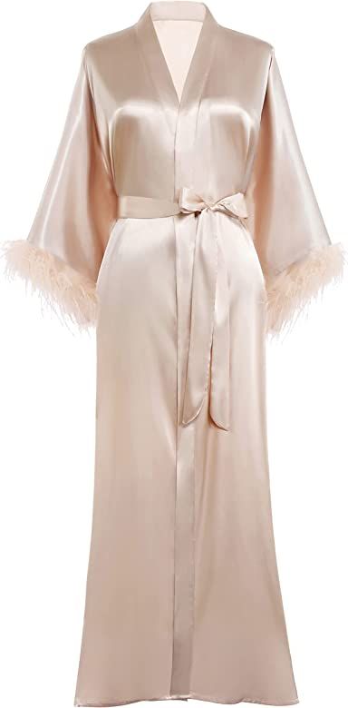 PRODESIGN Satin Kimono Robe Long Bath Robe with Ostrich Feather Trim Sleepwear Wedding Bridesmaid Ro | Amazon (US)