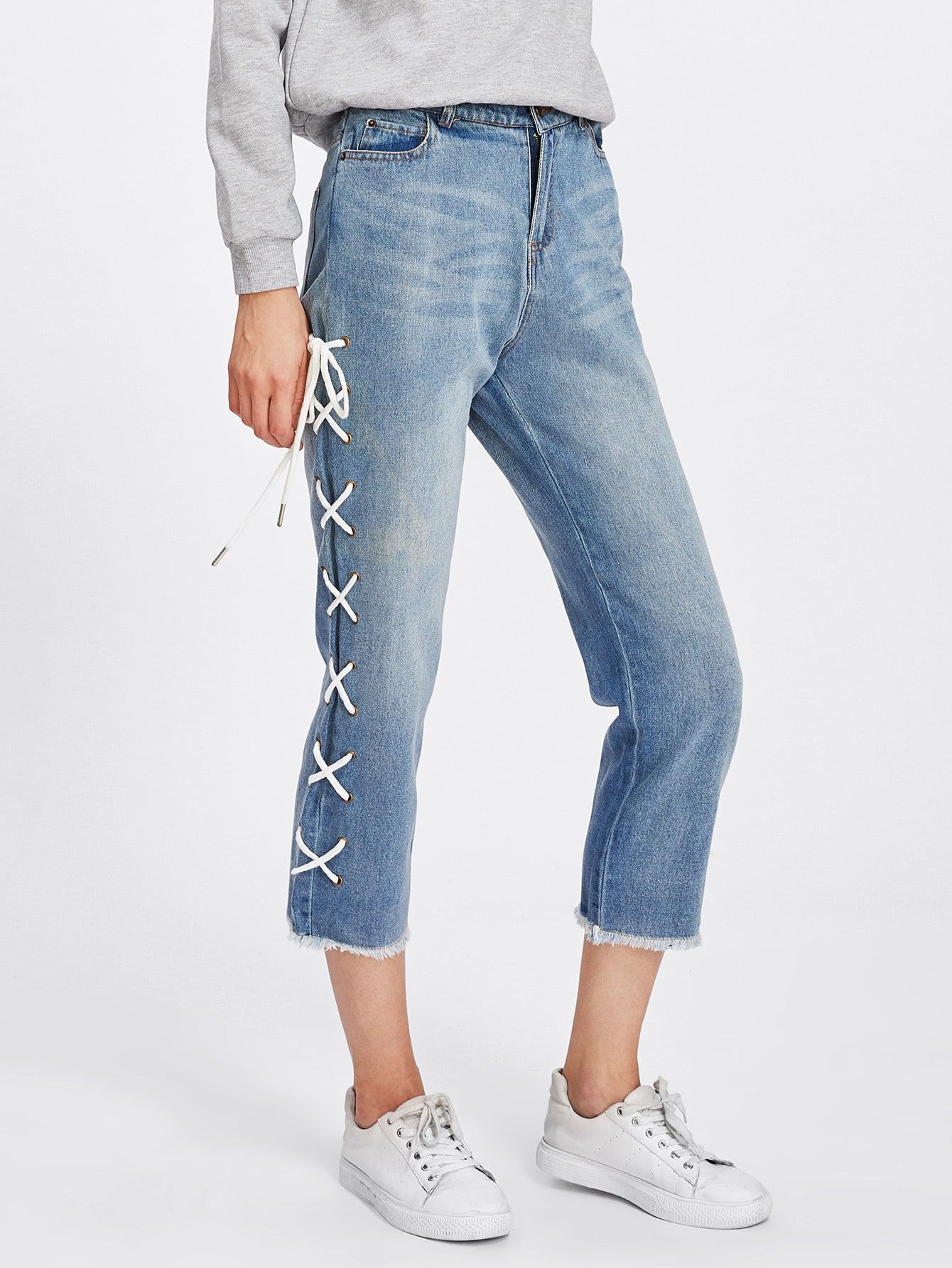 Frayed Edge Lace Up Crop Jeans | SHEIN