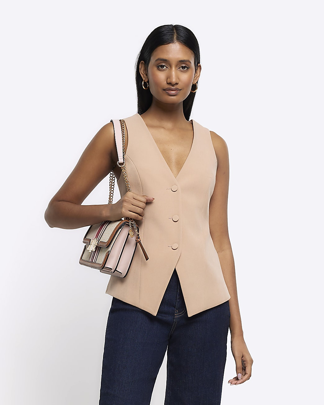 Beige button up long waistcoat | River Island UK & IE