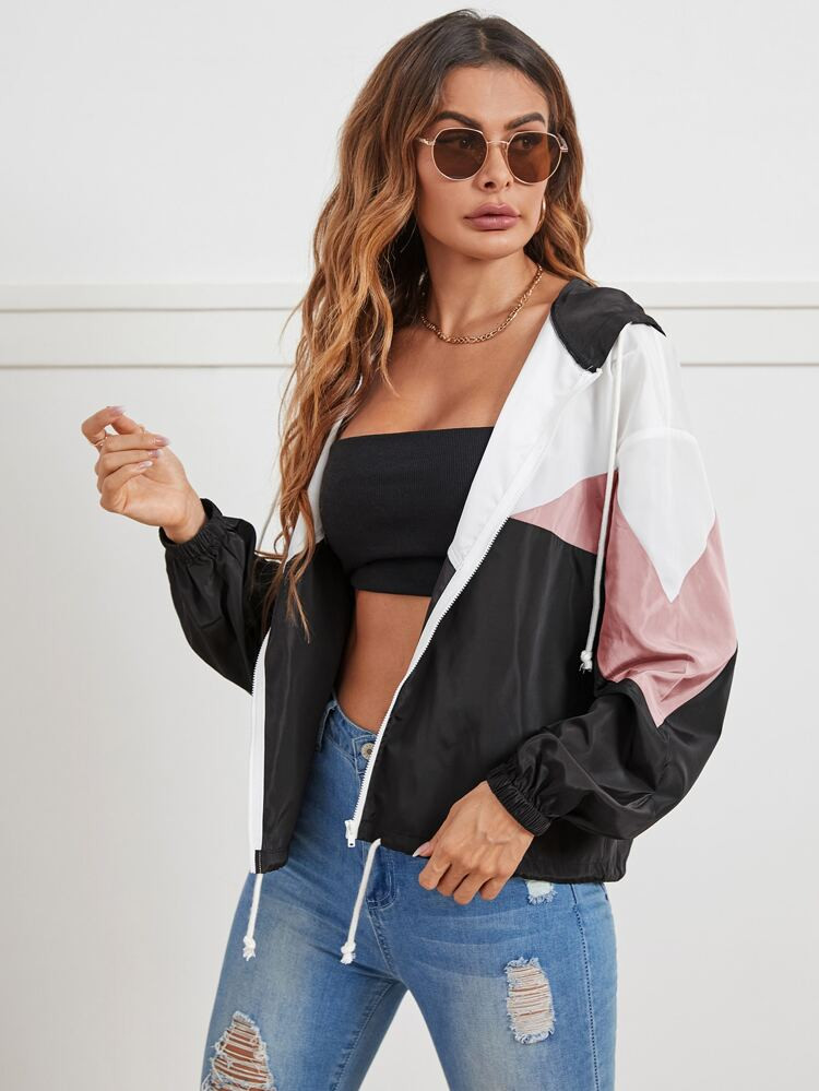 SHEIN Unity Color Block Drawstring Hooded Wind Jacket | SHEIN