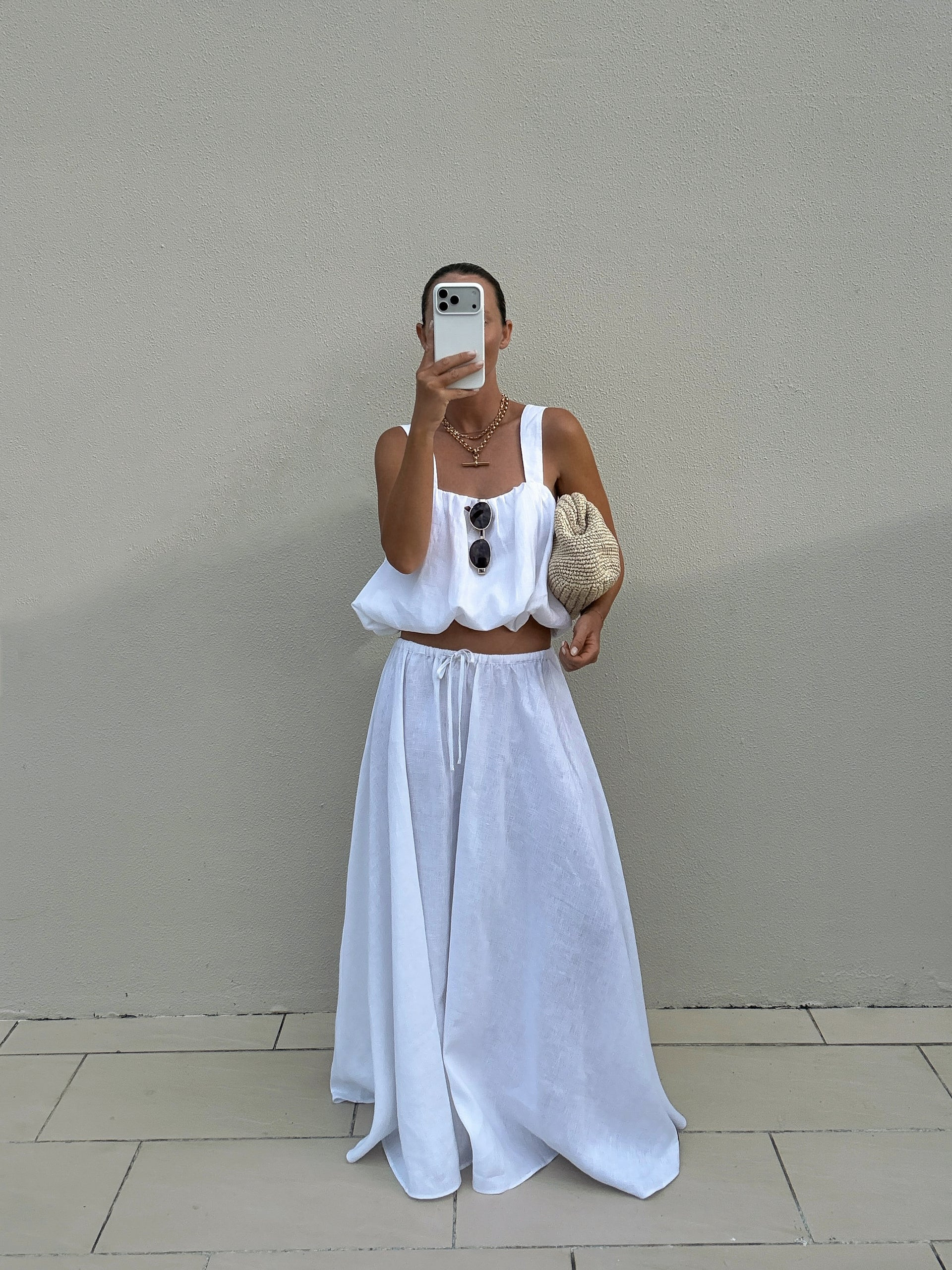 RAVELLO WHITE LINEN MIDI SKIRT | DISSH