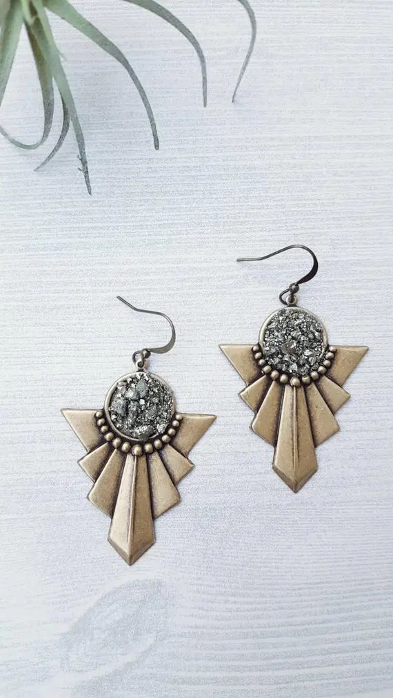 Boho Chic Jewelry, Tribal Earrings, Brass Pyrite Earrings, Sparkly Earrings, Druzy Style Dangle Earr | Etsy (US)